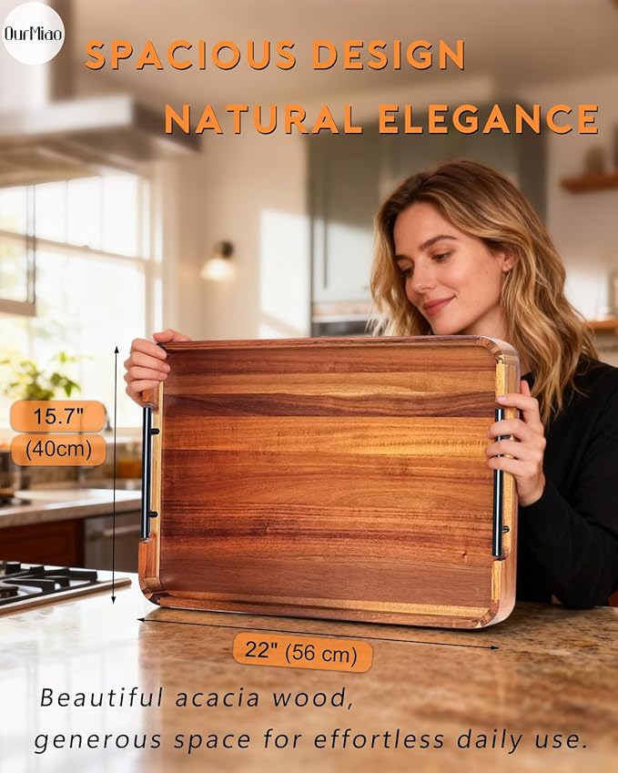 22 x 15.7 Inches Acacia Wood Serving Tray with Metal Handles, Large Rectangular Ottoman Tray with Rounded Corner, Great for Living Room, Coffee Table, Kitchen, Serving Food & Hosting