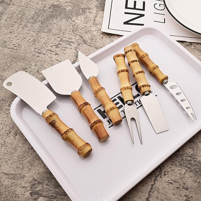 6-Piece Bamboo Silverware Set, Stainless Steel Flatware Hostess Serving Set Bamboo Utensils Tableware Set for Home Camping Travel Hotel - 6pcs Cheese Knife