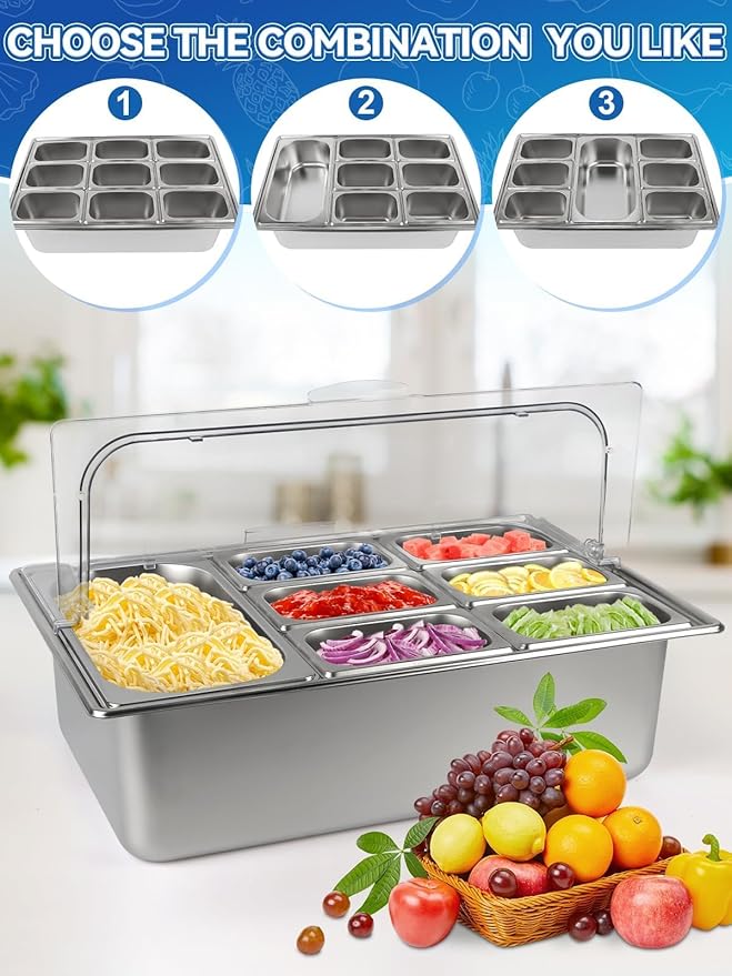 Kalolary Pizza Topping Storage Station, Stainless Steel Condiment Containers with Flip Lids Spoons Ice Box Food Tongs Ice Food Serving Display Container Salad Bar Buffet Station for Home Kitchen Party