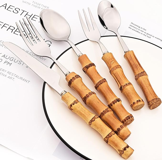 Natural Bamboo 8pcs Dinner Knife, Food Grade Stainless Steel Mirror Polished Sharp Silverware Table Knives Resuable Steak knife, 8.86-inch, Silver
