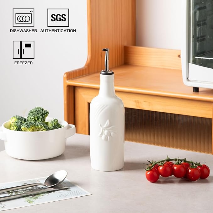 Sweejar Ceramic Olive Oil Dispenser Bottle, 17 FLOZ Oil Bottle with Spout，Porcelain Oil Dispenser for Kitchen,Cooking, Evoo, Vinegar, Soy Sauce, Pack of 1 (White)