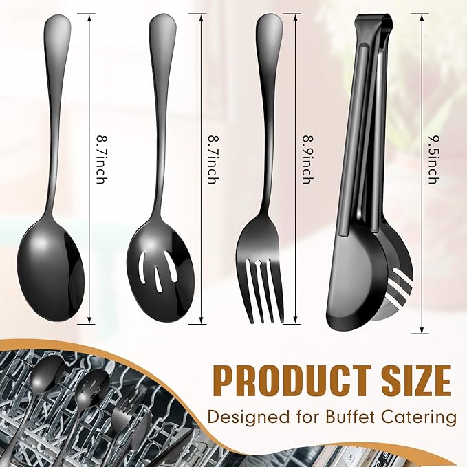 Patelai 15 Pcs Black Stainless Steel Serving Utensils Set 8.7" Large Spoons and Slotted Spoon 9.45" Tong 9" Forks Flatware Wedding Valentine's Day Holiday Party Buffet Banquet Cooking Kitchen Catering