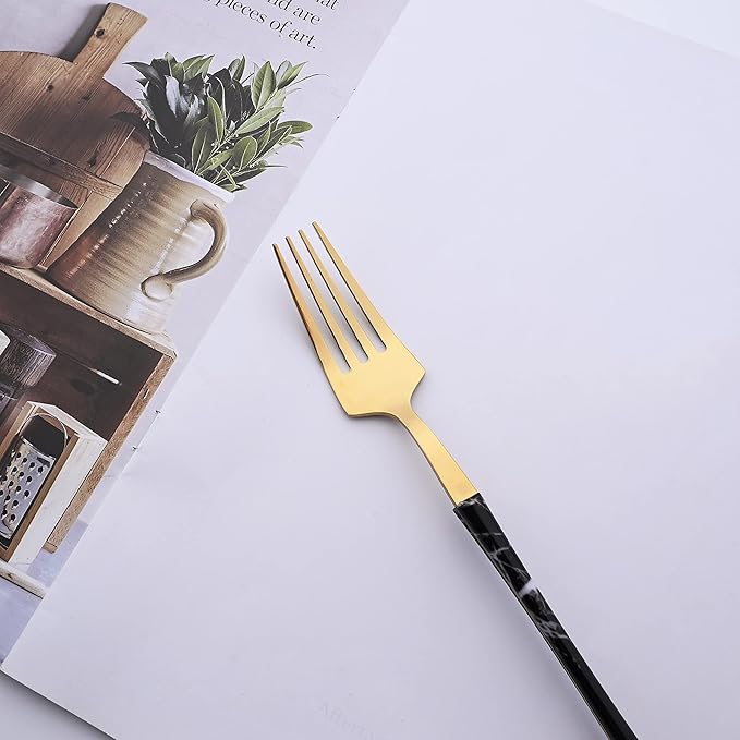 Cooking Black Gold Flatware Set, Stainless Steel Silverware Set 20 Piece with Black Marble Texture, Tableware Cutlery Set Service for 4, Include Knife Fork and Spoon, Dishwasher Safe