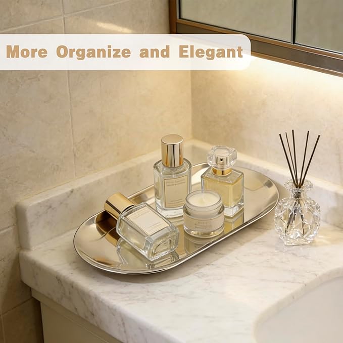 10 Pack Stainless Steel Decorative Tray, Thicken Silver Decorative Tray 7 inch, Oval Jewelry Dish Bathroom Vanity Tray Small Serving Tray Candle Holder Cosmetics Tray Perfume Tray