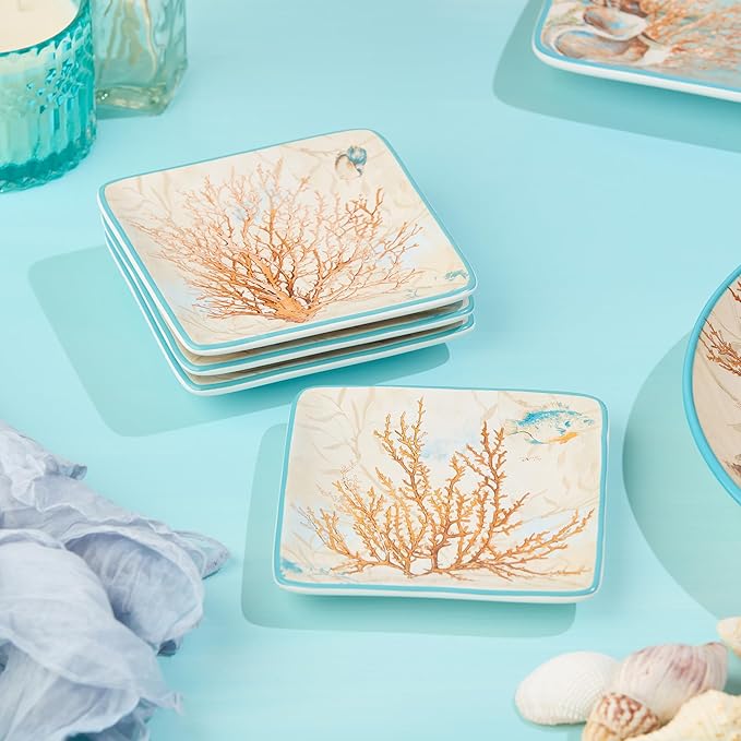 Escape to the Sea 6-Inch Canape Plates, Set of 4, Coastal Seashell & Coral Design, Durable Ceramic, Lightweight & Dishwasher Safe, Elegant Ocean-Inspired Plates for Appetizers & Desserts