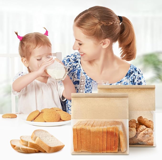 50 PCS Paper Bread Bags for Homemade Breads, 11 x 8.7 x 4.3 Inches Kraft Bakery Bags with Tin Tie Tab Lock Sourdough Bread Bags with Window Baked Foods Packaging Storage