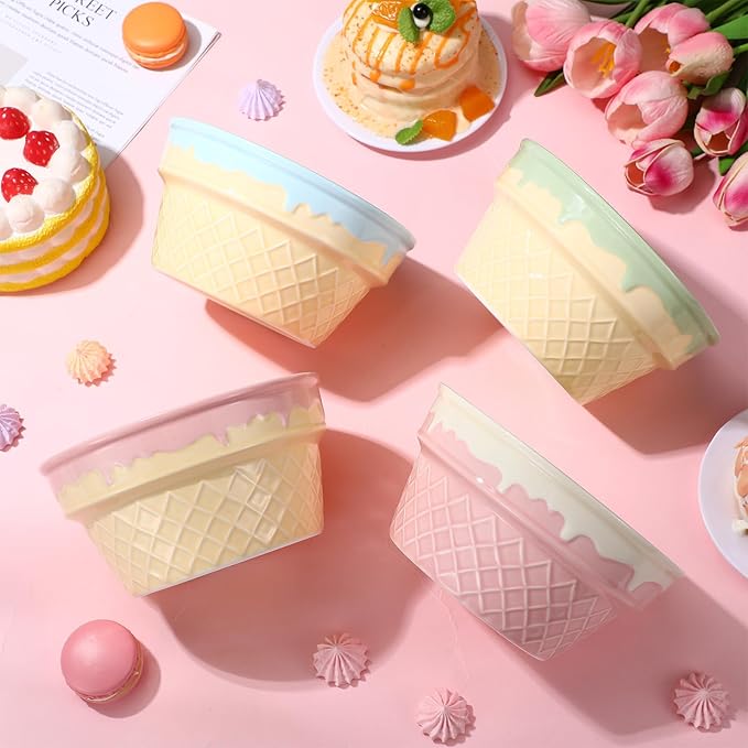 Honeydak 4 Pcs Ice Cream Ceramic Bowls 12 oz Waffle Ice Cream Cups Reusable Sundae Dessert Snack Containers for Christmas Summer Kid Adult Birthday Home Yogurt Soup Bar Party Supplies
