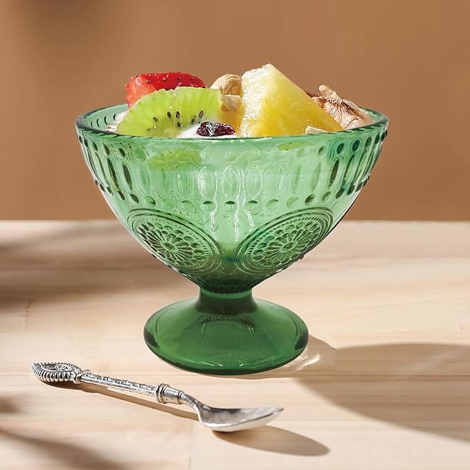 6PCs Set Small Cute Footed Embossed Glass Dessert Bowls for Dessert, Sundae, Ice Cream, Fruit, Salad, Snack, Cocktail, Condiment 7.44oz with 6 Pcs Flower Spoons