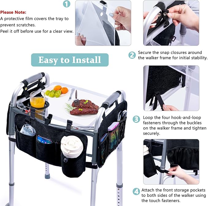 BAGSFY Clear View Walker Tray with Cup Holder & Front, Side Pockets, Transparent Folding Walker Table for Seniors, 8.8lbs Load-Bearing Sturdy PP Tray, Universal Fit Walker Accessory for Elderly
