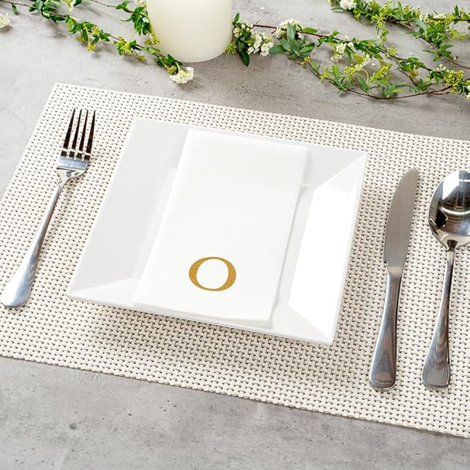 Luxenap 15.8 X 7.9 Inch Linen-Feel Guest Towels, 2000 Lettered Hand Towels - Gold Letter 'O', Sans Serif Font, White Paper Dinner Napkins, airlaid, For Restrooms And Tables