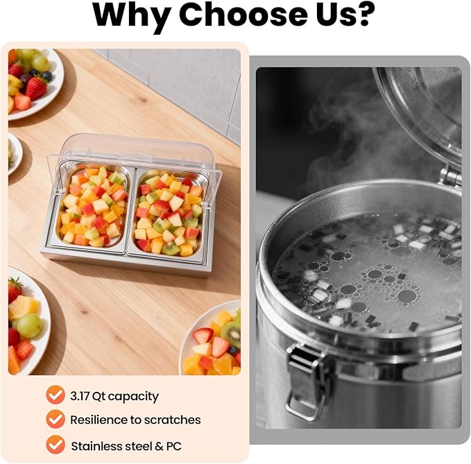 Ice Food Serving Display Tray, 3L 2 Pan Spice Display Salad Dressing Cooler Food Dishes Display Plate Case w/Clear Roll Top Cover for Outdoor Buffets Parties & Restaurant (Silver)