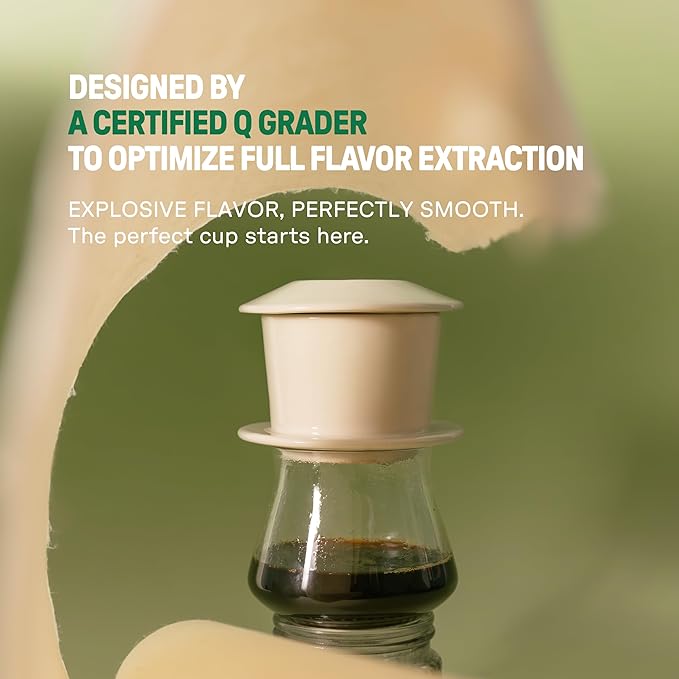 [Holiday Gift] Ceramic Vietnamese Phin Filter by PHINOI, Pour Over Coffee Dripper, 1-3 Cup Coffee Maker with Flower Design, Reusable Coffee Filter for Manual Brewing, Travel Friendly (White Cream)