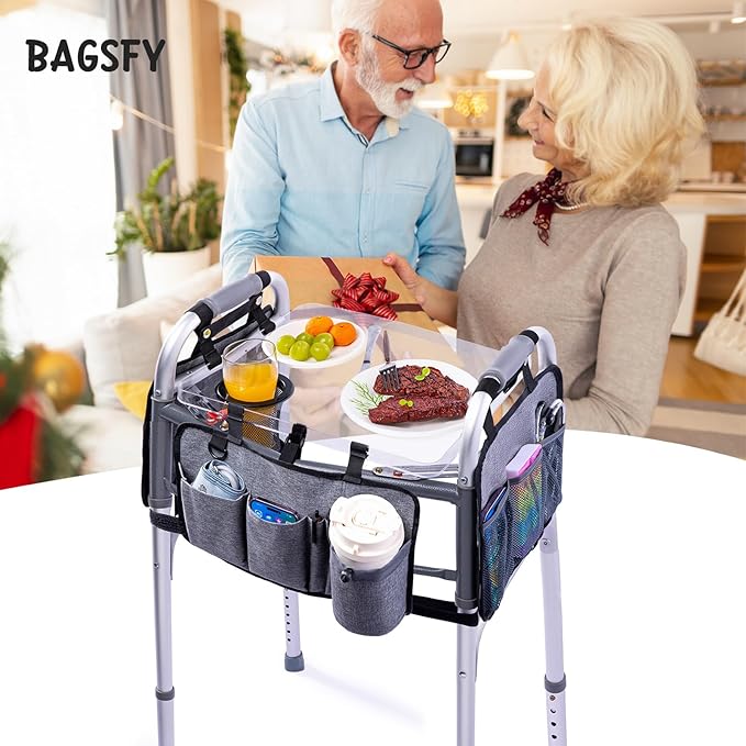 BAGSFY Clear View Walker Tray with Cup Holder & Front, Side Pockets, Transparent Folding Walker Table for Seniors, 8.8lbs Load-Bearing Sturdy PP Tray, Universal Fit Walker Accessory for Elderly