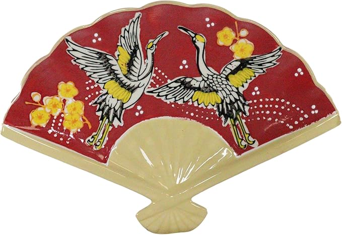 Ebros Pack Of 4 Colorful Oriental Folding Fan Shaped Appetizer Sushi Dessert Serving Dish Plates Decorative Artistic Dinner Lunch Serveware Plate Set (Red Flying Cranes With Cherry Blossoms)