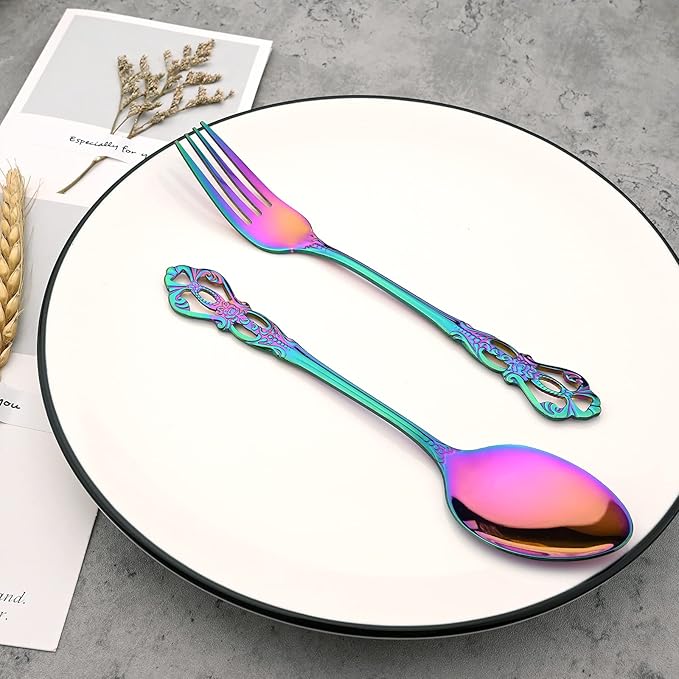 Mirror Polished Rainbow Silverware Set, 24-Piece 18/10 Stainless Steel Shiny Finish Flatware Service for 6, Kitchen Utensils, Tableware Cutlery for Home Restaurant, Dishwasher Safe
