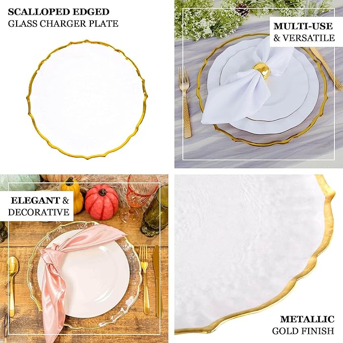 Efavormart 8 Pack | 13" Clear Glass Metallic Gold Scallop Edged Charger Plates For Events Table Decoration for Home & Professional Fine Dining, Catering, Dinner Parties, Weddings