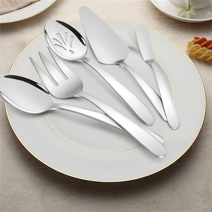 HaWare 5-Piece Silverware Serving Utensils, Stainless Steel Spoon Fork, Mirror Polished and Dishwasher Safe