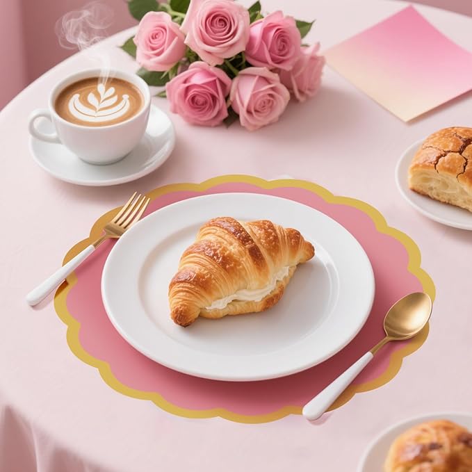 100 Pcs Pink Paper Placemats 13.5 Inch Disposable Scalloped Colorful Pastel Round Table Place Mats with Gold Edges, Decorative Colors Mats for Birthday Wedding Bridal Shower Banquet Tea Party