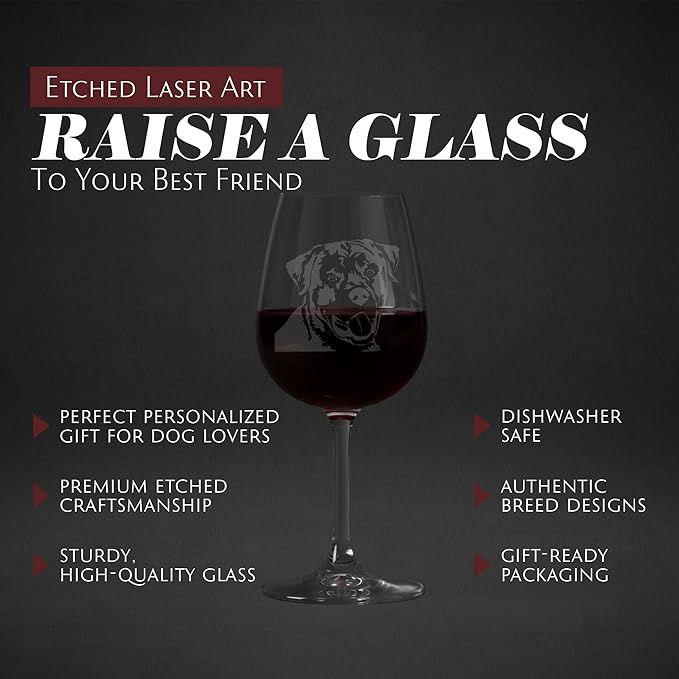 Etched Laser Art Personalized Dog Themed Etched Wine Glass - Custom Dog Breed Wine Glasses, Ideal for Pet Lovers, Unique Birthday Gift for Men & Women, Personalized Gift - Rottweiler, 12.75 oz