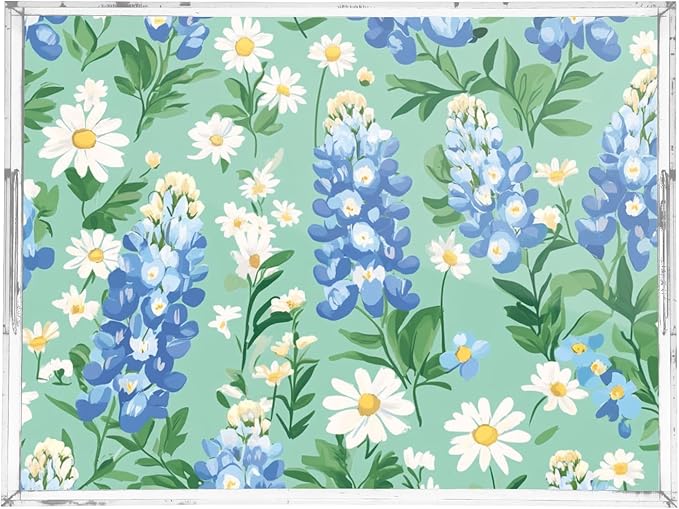 Serving Tray with Handles Clear Acrylic Tray 12x16 Inch Decorative Rectangular Tray Organizer for Ottoman Coffee Table Bathroom Mint Green Bluebonnet and Daisies