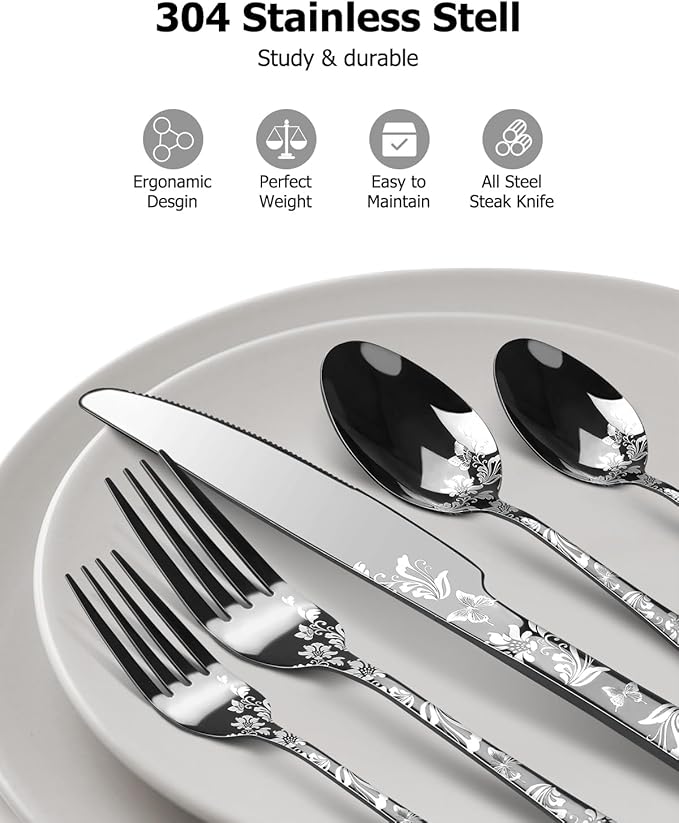 20-Piece Silverware Set, AORESAC Flatware Set for 4, Butterfly Flower Design, Mirror Polish, Forks Spoons, and Knives set for Home and Kitchen, Dishwasher Safe (Black)