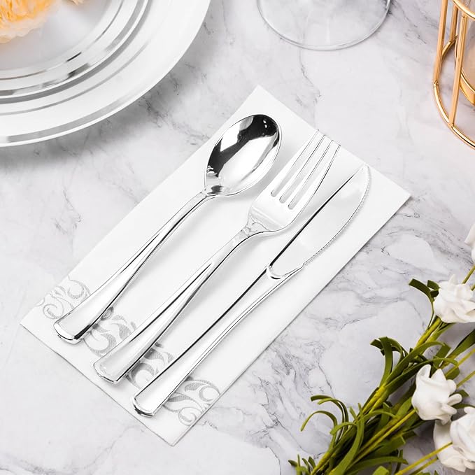 BESTVIP 200 Pack Disposable Paper Napkins, 3-Ply Dinner Napkins with Silver Trim for Guests, Bathroom Paper Hand Towels Soft & Absorbent, Perfect for Christmas, Kitchen, Dinner, Party, Wedding, Event