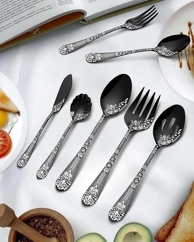 EUIRIO 5PCS Serving Utensils,Serving Set Includes Large Serving Spoon Slotted Serving Spoon Serving Fork Sugar Spoon&Butter Knife,Stainless Steel Flatware Serving set for Buffet Party,Dishwasher Safe
