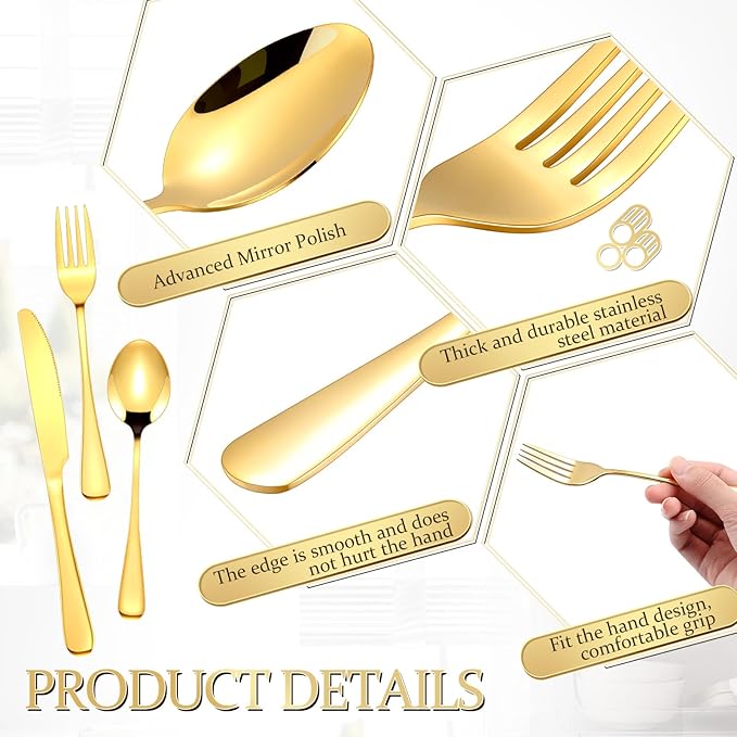 Dandat 500 Pcs Gold Silverware Set Stainless Steel Set with Dinner Forks Knife Spoon Dessert Forks Steak Knives Cutlery Flatware for 100 Guest Wedding Dinner Party Restaurant Home Holiday Party