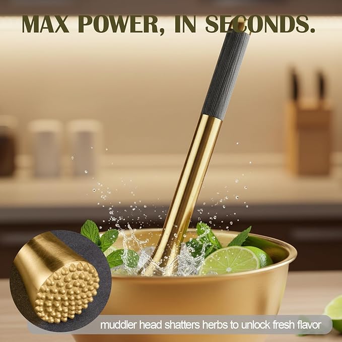 12.5" Gold Muddler for Cocktails Stainless Steel Drink Muddler Bartender Accessories Lemon Smasher for Home Bar Tool Ice Crusher for Mojitos