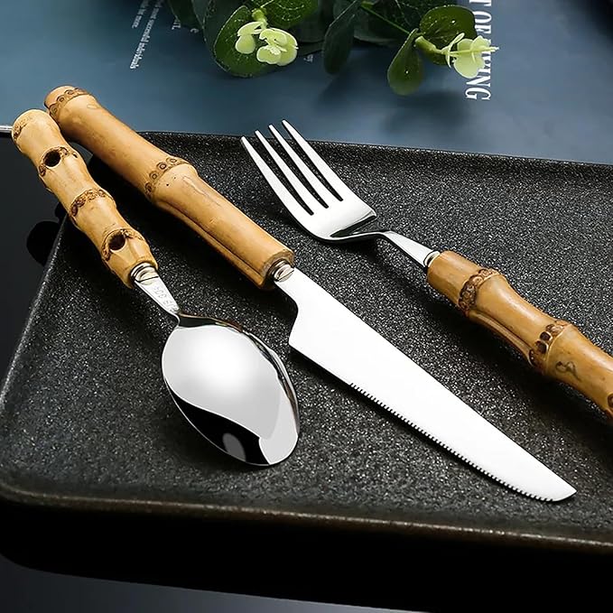 90-piece bamboo silverware cutlery set for 18, bamboo handle cutlery set reusable, flatware stainless steel, forks and spoons set for eating,dishwasher safe