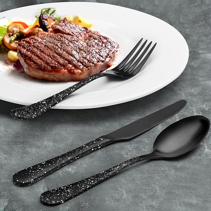 O.C.E. Matte Black Silverware Set, Stainless Steel Flatware Set, 20-Piece Tableware Cutlery Set Service for 4, Satin Finish Tableware Utensils Set, Dishwasher Safe (Starry White)
