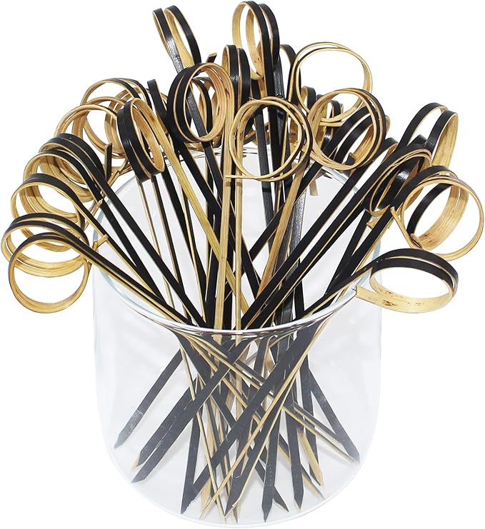 100pcs 4.7 IN Bamboo Cocktail Picks with Ring Knot,Black,for Cocktail Party, Barbeque, Club Sandwiches