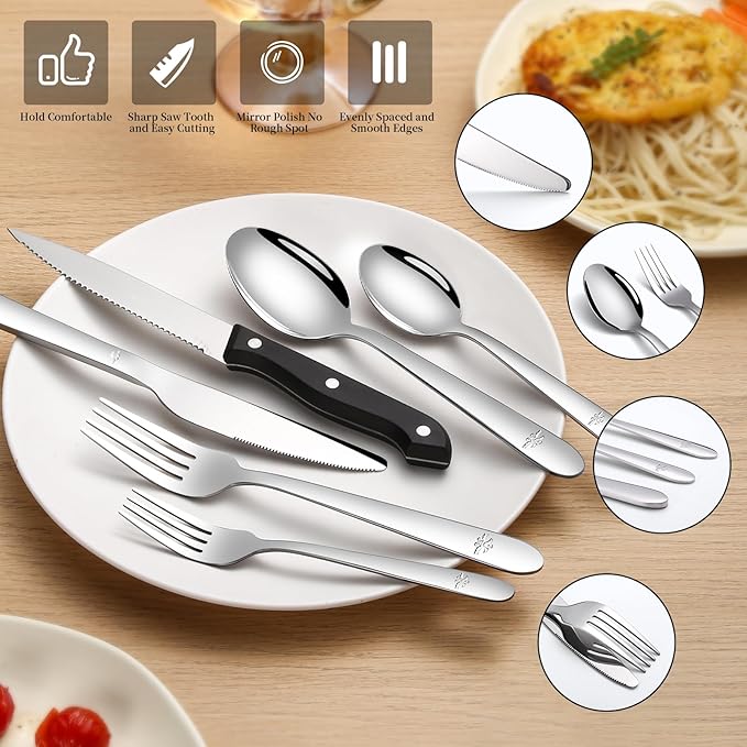 58-Piece Silverware Set Service for 10 - Stainless Steel Flatware Cutlery Set - Knives Forks and Spoons Utensil Sets for Home Kitchen Restaurant Hotel, Mirror Polished, Dishwasher Safe