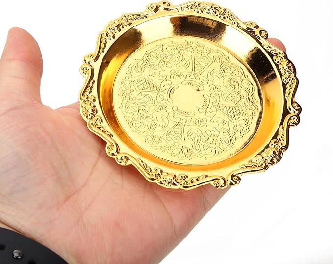 6pcs Serving Tray Set, 4in Small Vintage Decorative Round Metal Platters, Reusable Serving Dishes Party Appetizer Tray for Snack Fruit Sushi Buffet, Golden