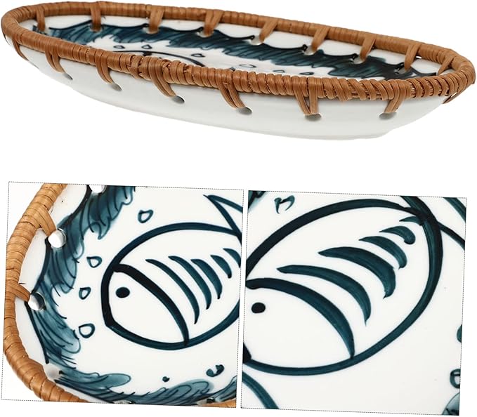 Japanese Style Rattan Serving Plate Ceramic Appetizer Dish Decorative Tray Trays for Kitchen Retro Porcelain
