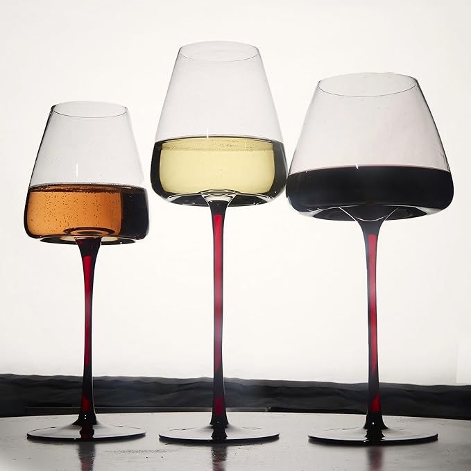 LEMONSODA Concave Champagne & Wine Glasses - Modern Red Stem & Black Bottom for Sparkling Wine, Rosé, Prosecco, Champagne – Handcrafted Barware, Perfect for gift (16oz, Set of 2)