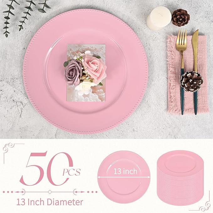 fani 50 Pcs Pink Charger Plates Bulk, 13'' Round Beaded Dinner Charger Plates, Plastic Reusable Vintage Table Decoration for Wedding, Party, Reception, Event, Holiday Supplies
