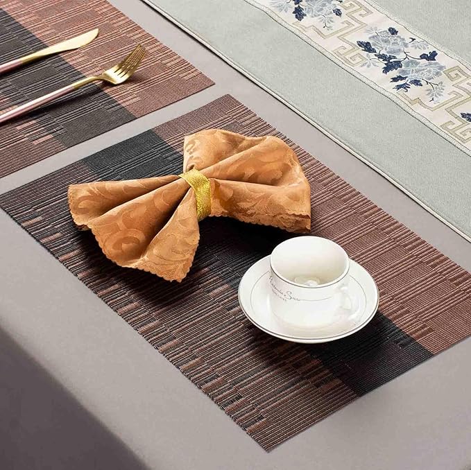 AHHFSMEI Placemats for Dining Table Set of 8 Woven Vinyl Plastic Place Mats Non-Slip Heat Insulation Stain Resistant Table Mats Washable Easy Clean Placemats (Multi Brown 8)