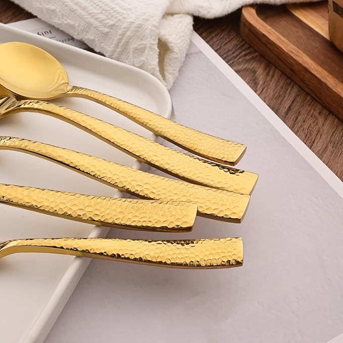 Serving Utensils Set, 5-Piece 18/8 Stainless Steel Hostess Serving Set, Elegant Hammered Serving Utensils for Home Restaurant and Buffet Catering, Heavy and Mirror Polished, Gold