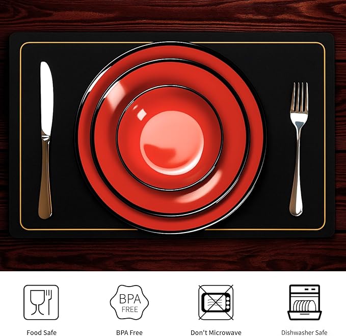 TP 12-Piece Dinnerware Set, Melamine Dishes Set with Bowls and Plates, Non-breakable and Lightweight Dinner Service for 4, Glossy Black and Red