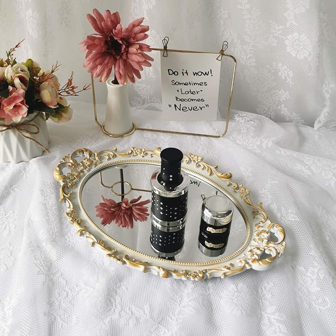 Ham Oval Floral Wall Mirror Tray, Dresser Organizer Tray, Decorative Perfume Mirror Tray, Serving Tray, 9.5’’ X 14.5’’, White