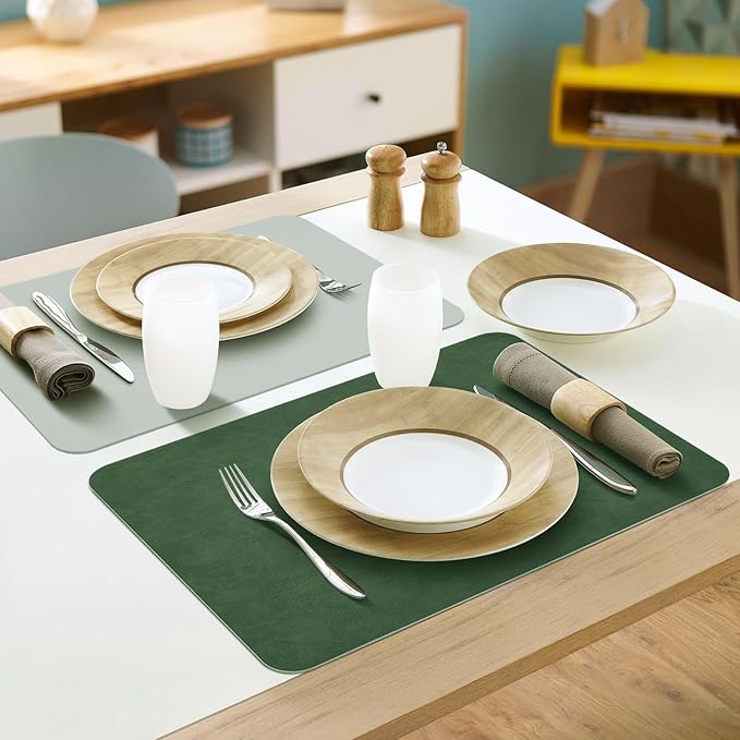Faux Leather Placemats Set of 6, Vinyl Placemats Wipeable Waterproof Oil-Proof Table Mats, Heat Resistant Place Mats for Kitchen Indoor Outdoor, 16.9 x 11.8 Inch (Green/Grey)