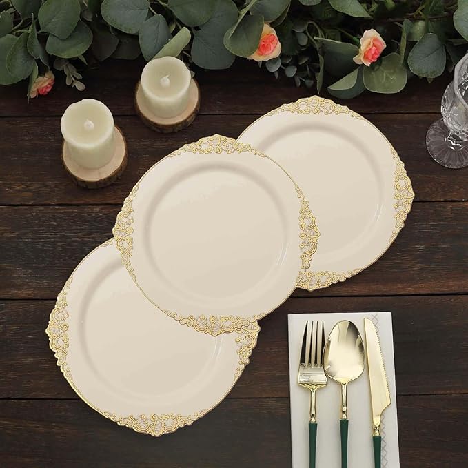 8" Salad Plates -Set of 20 - Plastic Ivory Round Baroque Disposable Chargers Leaf Embossed Rim, Ideal for Dinner Party Wedding Bulk Events