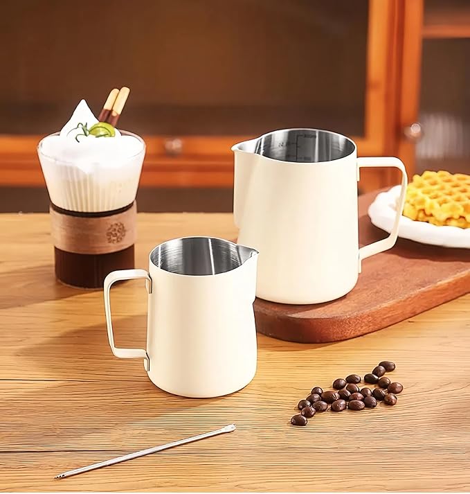 Milk Frothing Pitcher,(600ml/20oz) Steaming Pitchers,Stainless Steel Milk Cup,Cappuccino Latte Art Coffee,Barista Steam Pitchers,Temperament White