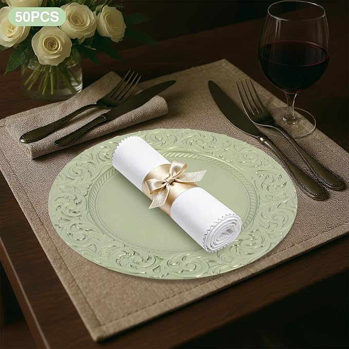 50 Pcs Antique Charger Plates Bulk Round Plastic Dinner Plate Embossed Rim Server Plate Decorative Chargers Floral Plates for Dinner Parties Wedding,13 Inch (green-50pcs)