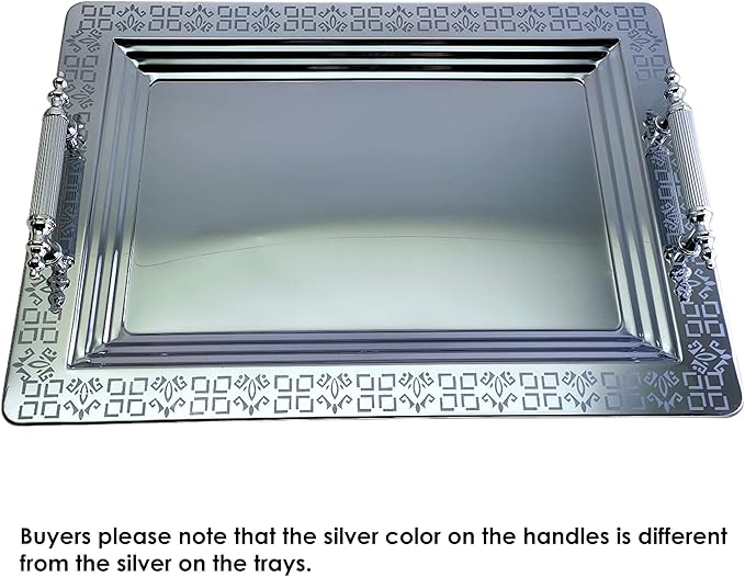 (Pack of 2) 17.9 inch x 12.9 inch Rectangular Chrome Plated Silver Serving Tray with Handles in Different Pattern Stylish Floral Engraved Decorative Party Dessert Platter Plate NC-070