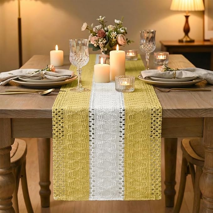 Artoid Mode Yellow Farmhouse Rustic Table Runner, Seasonal Hollow Kitchen Dining Table Decoration for Home Party Decor 12x120 Inch
