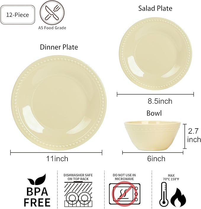 Cream Melamine Dinnerware Sets of 12 Pcs, BPA Free Dishes Set, Plates and Bowls Sets for Indoor Outdoor Dining on the Beach, RV, Camping Use,Lightweight Unbreakable Dishwasher Safe