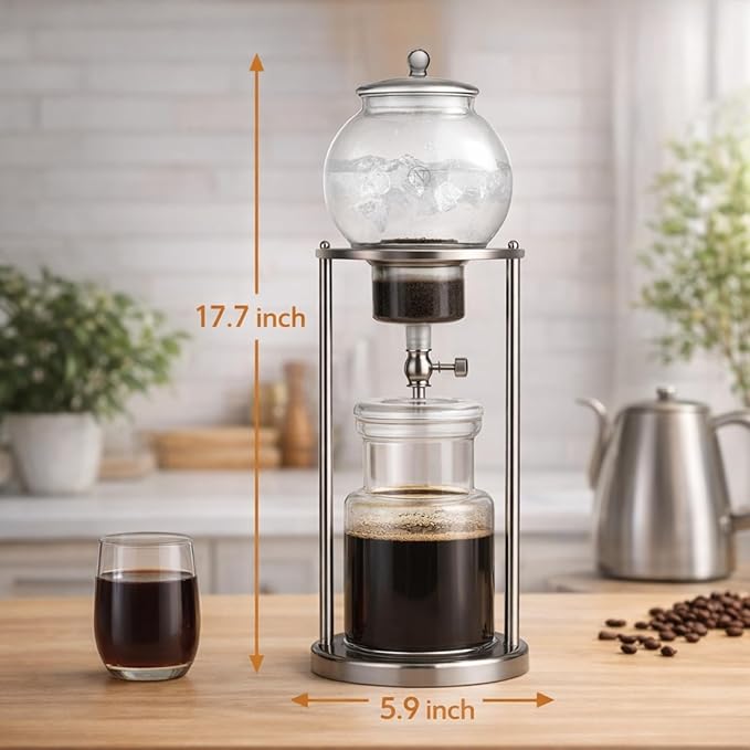 Nispira Luxury Ice Cold Brew Dripper Coffee Maker in Stainless Steel and Borosilicate Glass, 1000 ml Silver