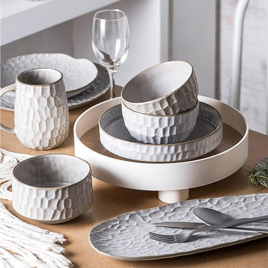 Round Dinnerware Sets | White Kitchen Plates, Bowls, and Mugs | 17 Piece Stoneware Tableware Nordic Style| Dishwasher Microwave Safe | Service for 4